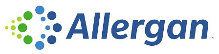 Logo of Allergan, featuring a mix of green and blue dots and the company name in bold blue letters.