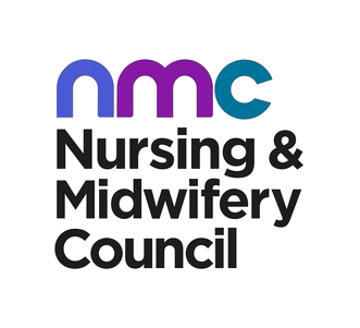 Logo of the Nursing & Midwifery Council (NMC) featuring stylized text and colors.